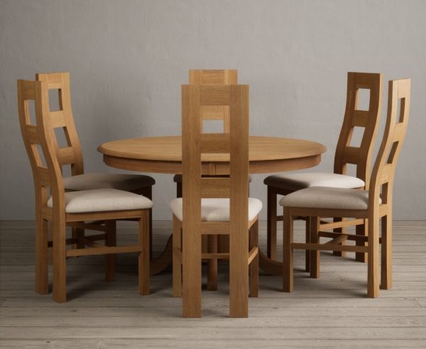 Hertford 120cm Fixed Top Solid Oak Round Pedestal Table With 6 Light Grey Flow Back Chairs