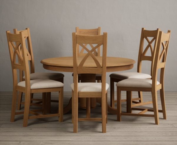Hertford 120cm Fixed Top Solid Oak Round Pedestal Table With 6 Light Grey X Back Chairs