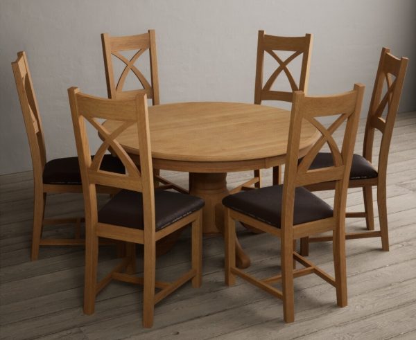 Hertford 120cm Fixed Top Solid Oak Round Pedestal Table With 6 Light Grey X Back Chairs