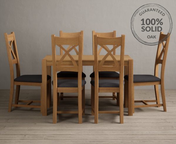 York 120cm Solid Oak Dining Table With 6 Charcoal Grey X Back Chairs