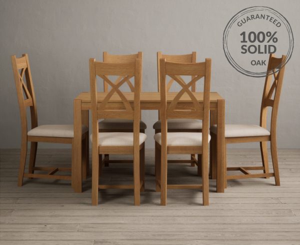 York 120cm Solid Oak Dining Table With 6 Linen X Back Chairs
