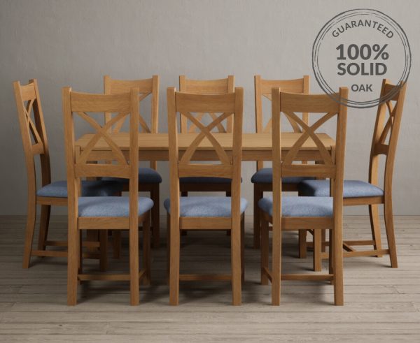 York 150cm Solid Oak Dining Table With 6 Blue X Back Chairs