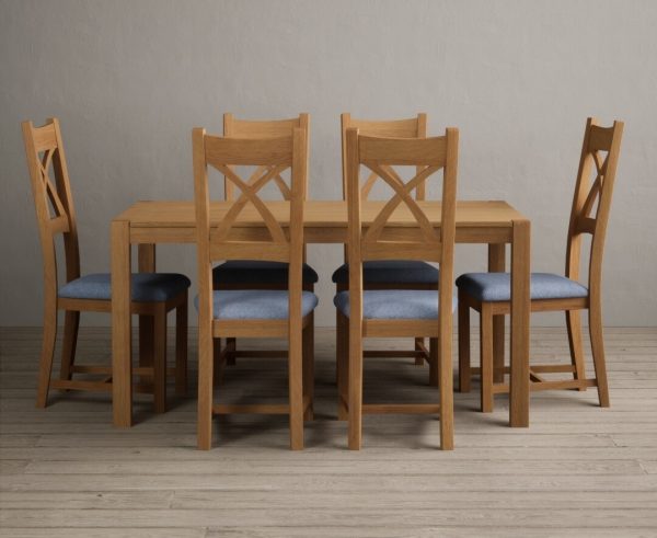 York 150cm Solid Oak Dining Table With 6 Blue X Back Chairs