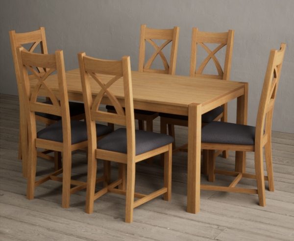 York 150cm Solid Oak Dining Table With 6 Charcoal Grey X Back Chairs