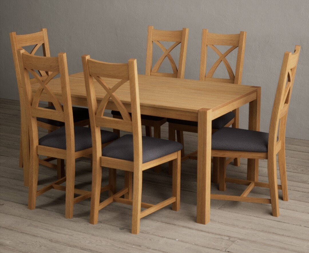 York 150cm Solid Oak Dining Table With 6 Charcoal Grey X Back Chairs York 150cm Solid Oak Dining Table With 6 Charcoal Grey X Back Chairs