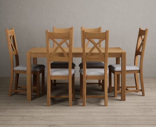 York 150cm Solid Oak Dining Table With 6 Light Grey X Back Chairs