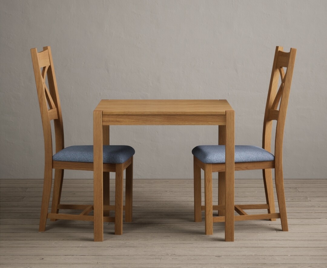 York 80cm Solid Oak Dining Table With 2 Linen X Back Chairs York 80cm Solid Oak Dining Table With 2 Linen X Back Chairs