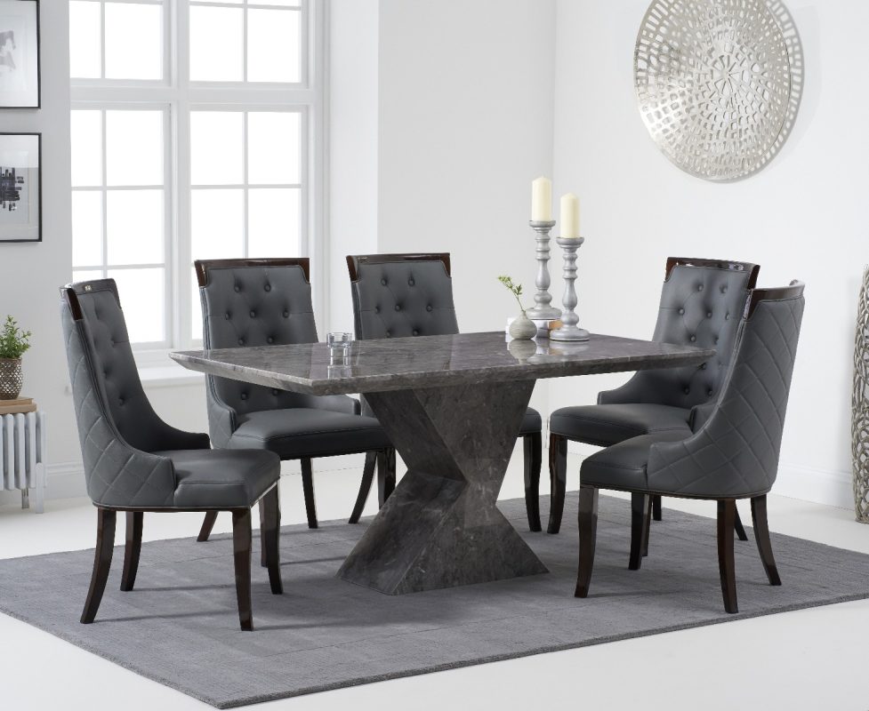 Aaron 160cm Marble Grey Dining Table with 8 Cream Francesca Chairs