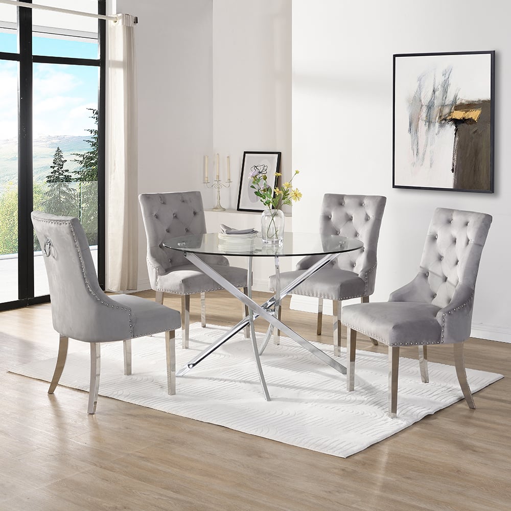 Daytona Round Clear Glass Dining Table 4 Imperial Grey Chairs Daytona Round Clear Glass Dining Table 4 Imperial Grey Chairs