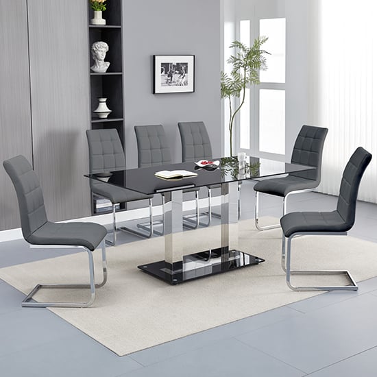 Jet Large Black Glass Dining Table With 6 Paris Grey Chairs Jet Large Black Glass Dining Table With 6 Paris Grey Chairs