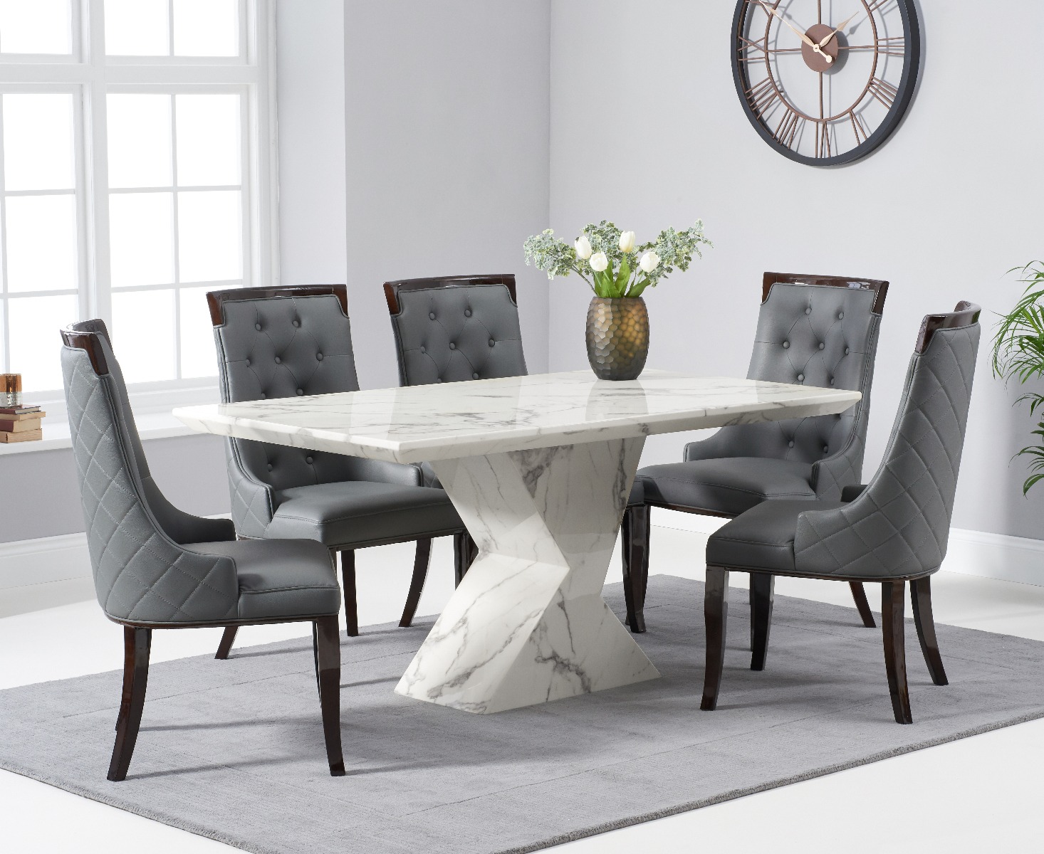 Aaron 160cm Marble White Dining Table with 6 Grey Francesca Chairs Aaron 160cm Marble White Dining Table with 6 Grey Francesca Chairs