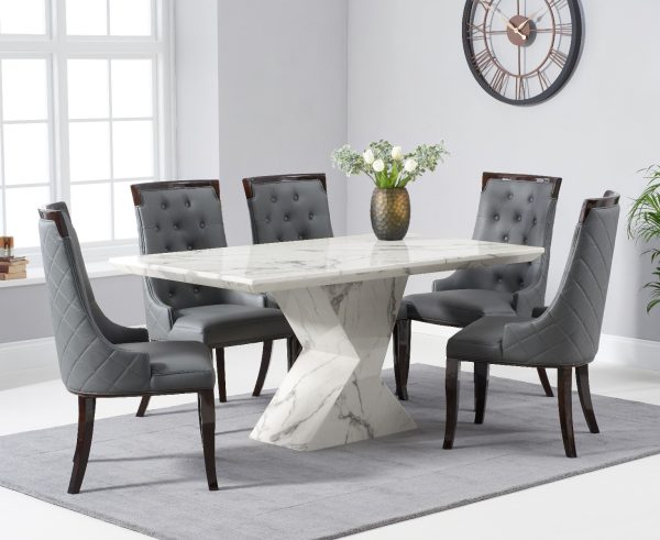 Aaron 160cm Marble White Dining Table with 8 Grey Francesca Chairs