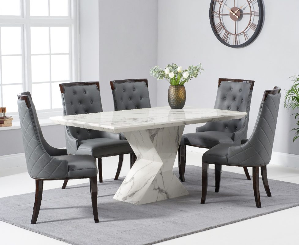 Aaron 160cm Marble White Dining Table with 8 Grey Francesca Chairs