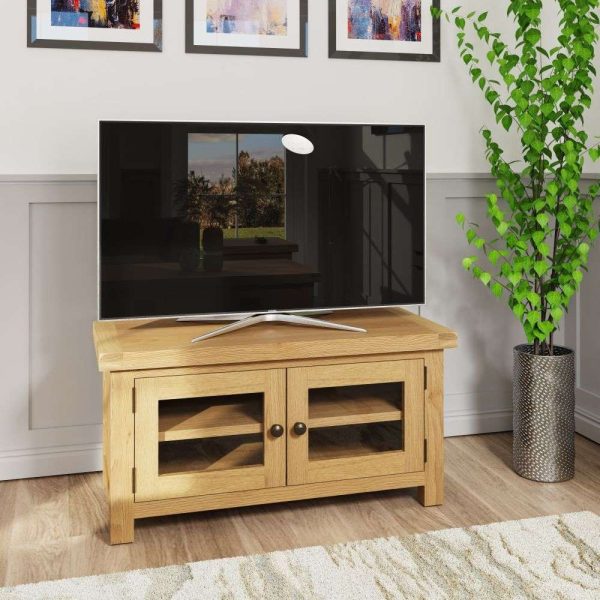 Concan Wooden TV Stand With 2 Glazed Doors In Oak