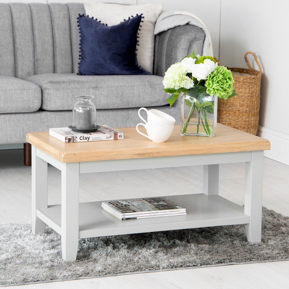 Elkin Wooden Coffee Table With Undershelf In Oak And Grey Elkin Wooden Coffee Table With Undershelf In Oak And Grey
