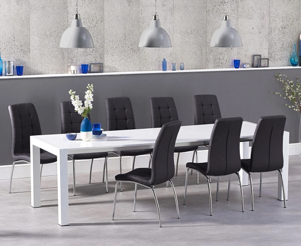 Extending Cleveland White High Gloss Dining Table with 6 Black Enzo Chairs