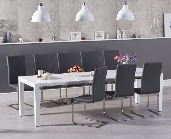 Extending Cleveland White High Gloss Dining Table with 8 Black Austin Chairs