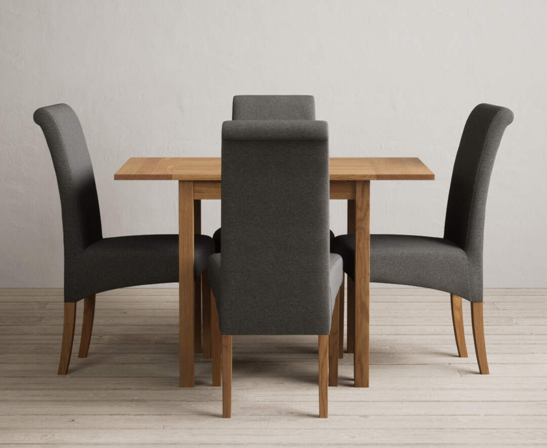 Extending York 70cm Solid Oak Drop Leaf Dining Table with 2 Charcoal Grey Scroll Back Chairs Extending York 70cm Solid Oak Drop Leaf Dining Table with 2 Charcoal Grey Scroll Back Chairs