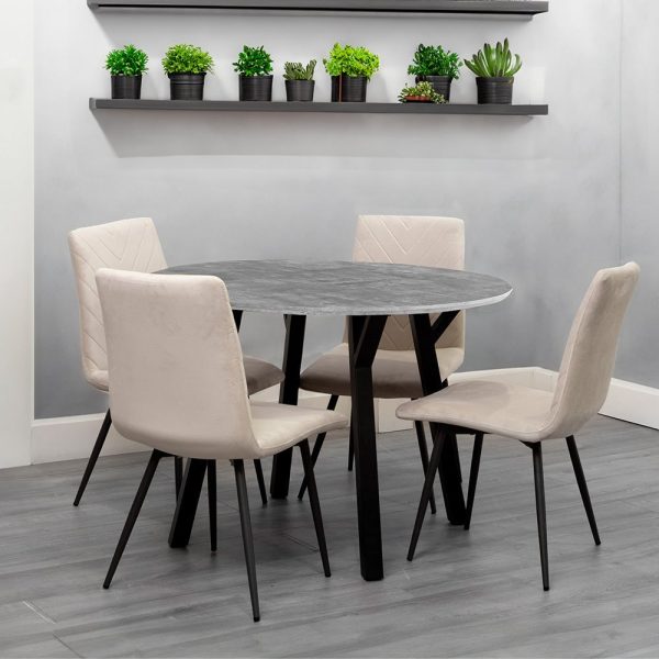 Frisco Concrete Effect Dining Table Round With 4 Taupe Chairs