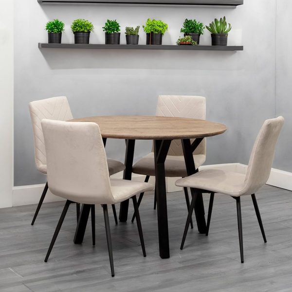 Frisco Oak Effect Dining Table Round With 4 Taupe Chairs