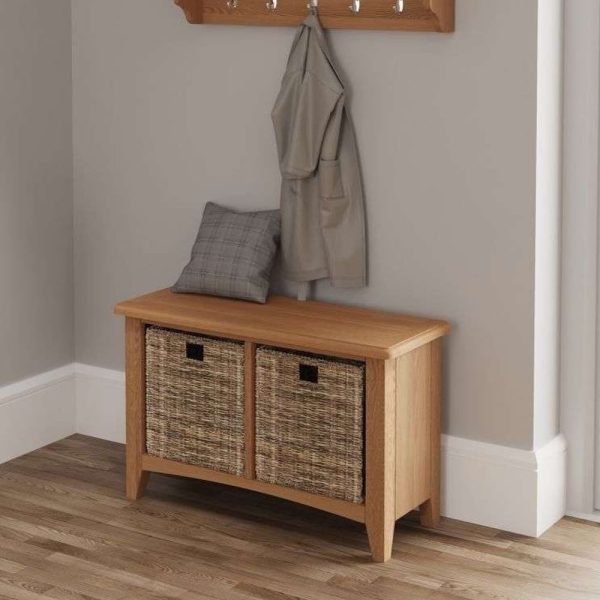 Gilford Wooden Hallway Seating Bench With 2 Basket In Light Oak