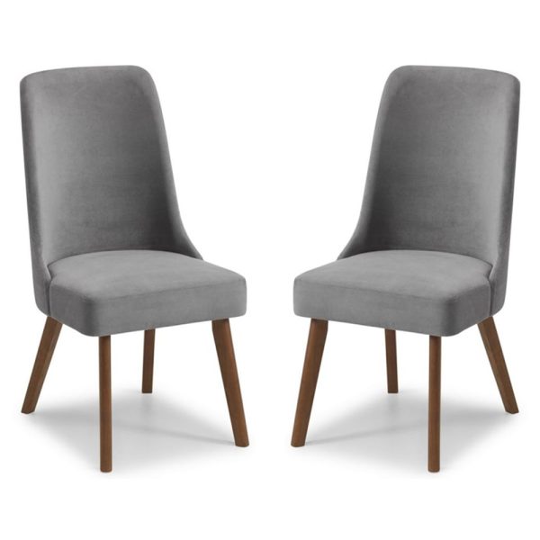 Hidalgo Dusk Grey Fabric Dining Chairs With Walnut Legs In Pair