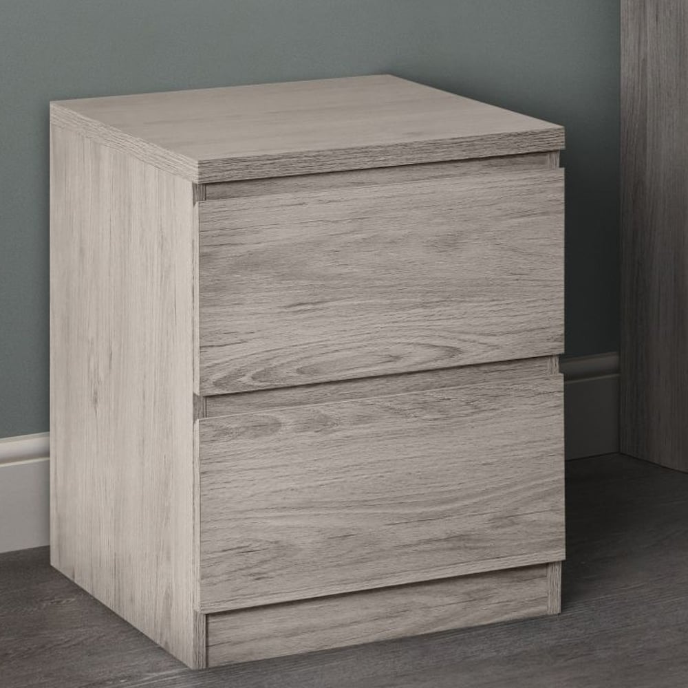 Jadiel Wooden Bedside Cabinet With 2 Drawers In Grey Oak Jadiel Wooden Bedside Cabinet With 2 Drawers In Grey Oak
