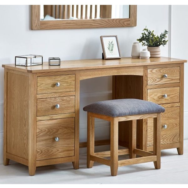 Macon Wooden Dressing Table With 6 Drawers And Stool In Oak