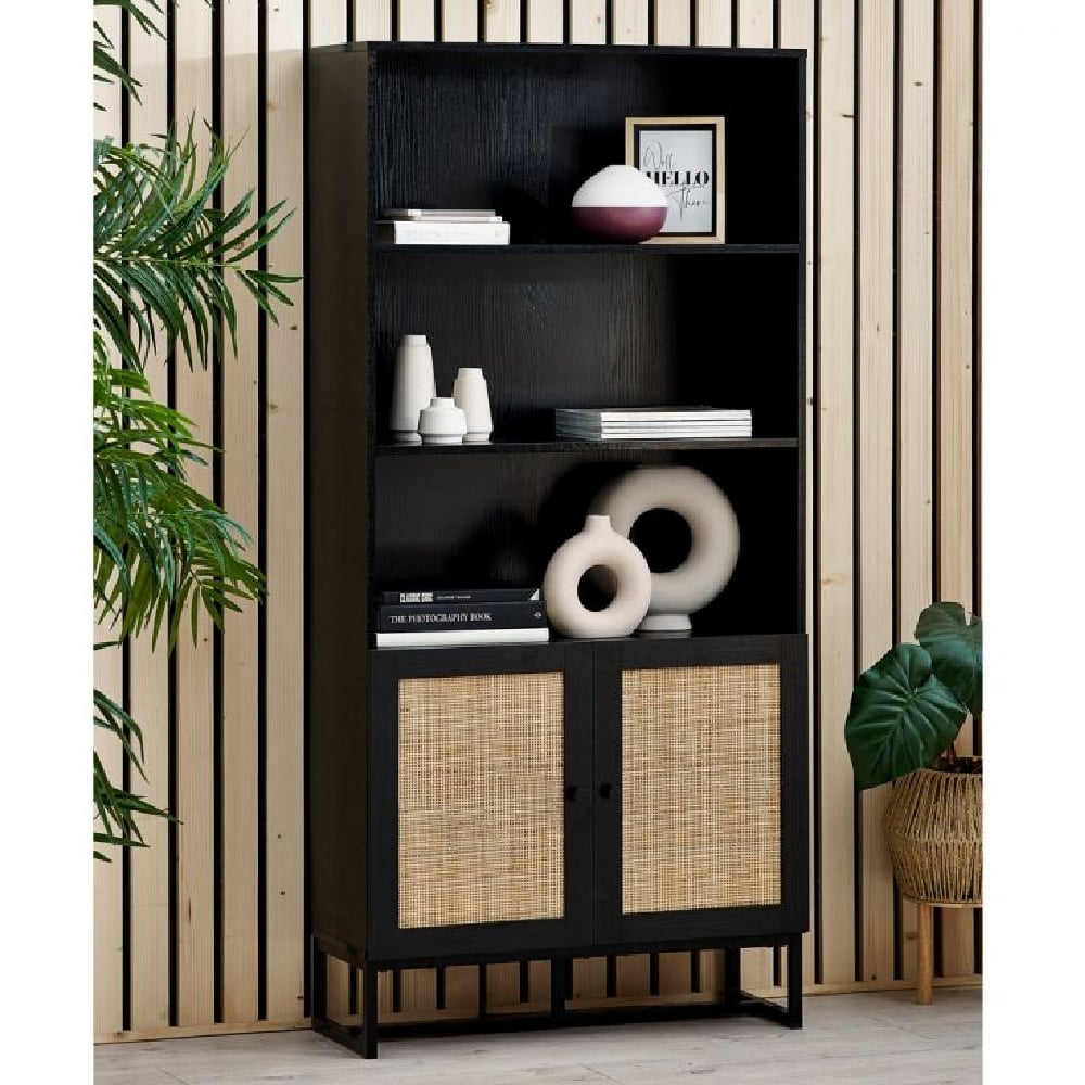 Pabla Wooden Bookcase With 2 Doors In Rattan And Black Pabla Wooden Bookcase With 2 Doors In Rattan And Black
