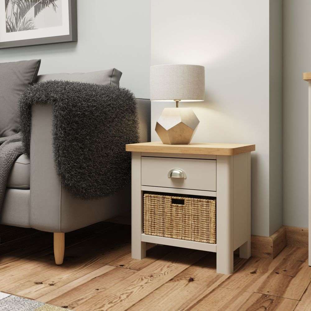Rosemont Wooden Lamp Table With 1 Basket In Dove Grey Rosemont Wooden Lamp Table With 1 Basket In Dove Grey