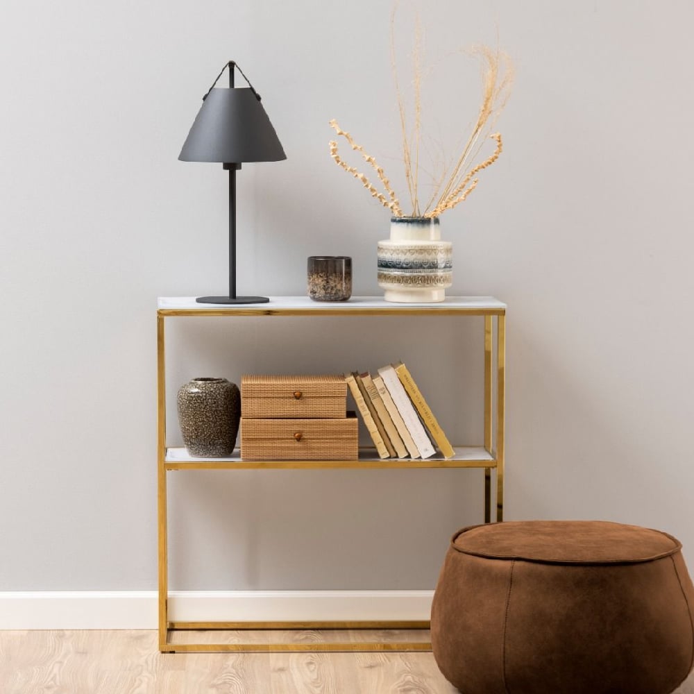 Allen White Marble Effect Glass Console Table With Gold Frame Allen White Marble Effect Glass Console Table With Gold Frame