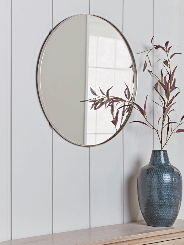Antique Silver Slim Frame Round Mirror - Medium