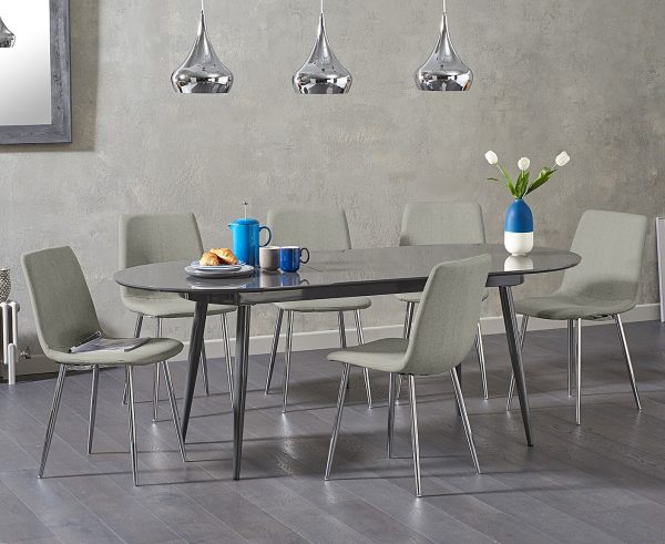 Extending Olivia Dark Grey High Gloss Dining Table with 4 Grey Helsinki Chairs