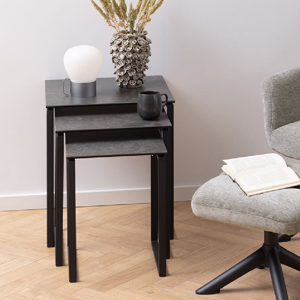 Keene Black Ceramic Nest Of 3 Tables With Metal Frame Keene Black Ceramic Nest Of 3 Tables With Metal Frame