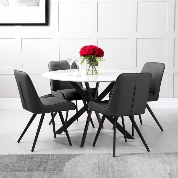Lamar White Stone Dining Table With 4 Beloit Grey Chairs