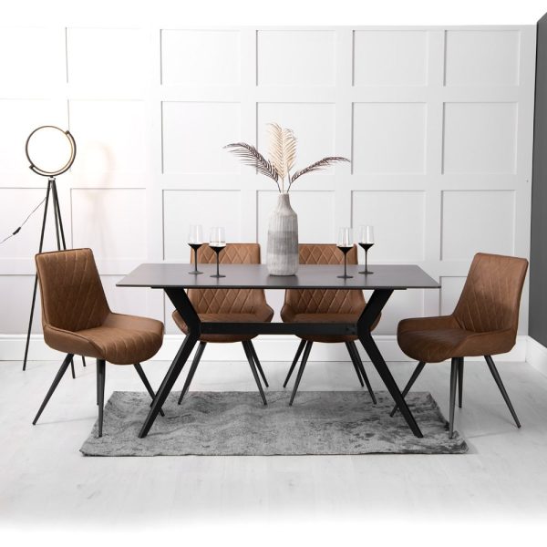 Magna Grey Stone Dining Table With 4 Arvada Tan Chairs