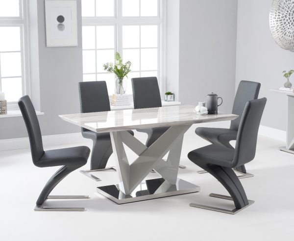 Marcella 150cm Marble Effect Carrera Light Grey Dining Table with 6 Grey Aldo Chairs