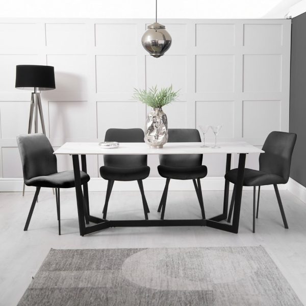 Olney White Stone Dining Table With 4 Brush Graphite Chairs